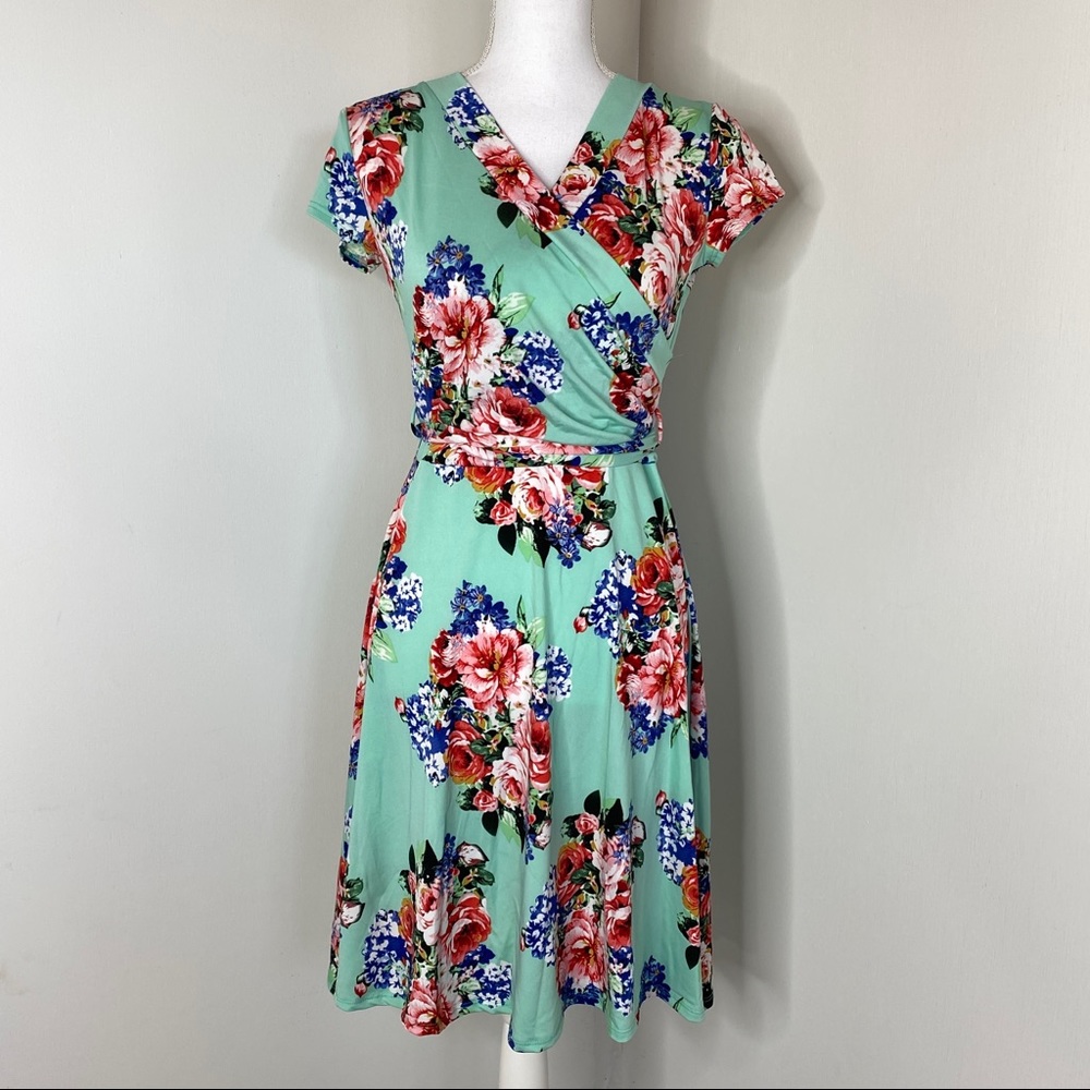 Mint Green Floral Rose Faux Wrap Dress Size S